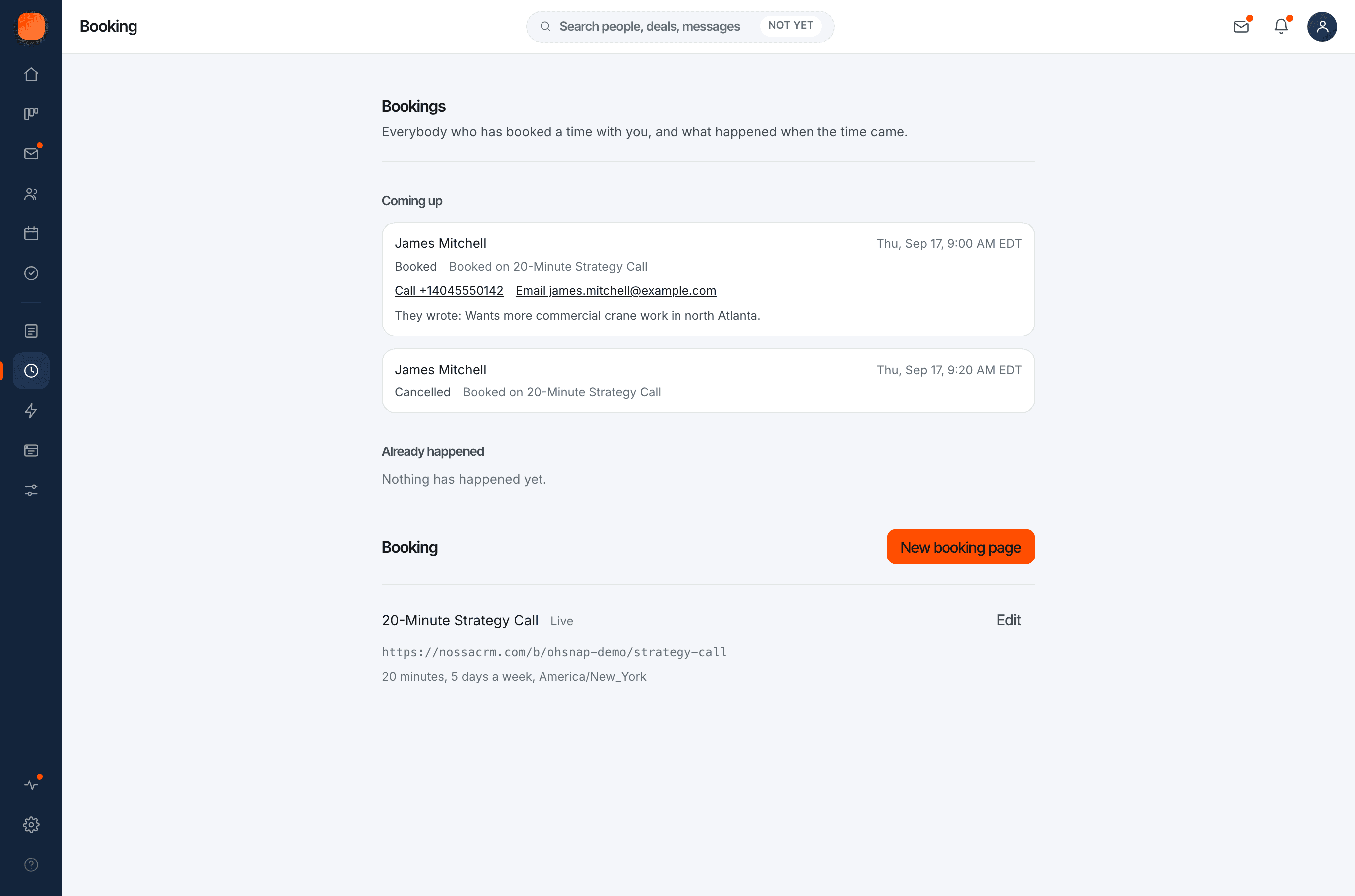 The Booking screen in Nossa: the next booking with the time and what the person wrote, above a live booking page with its public link, twenty-minute slots, the days it runs and the timezone.