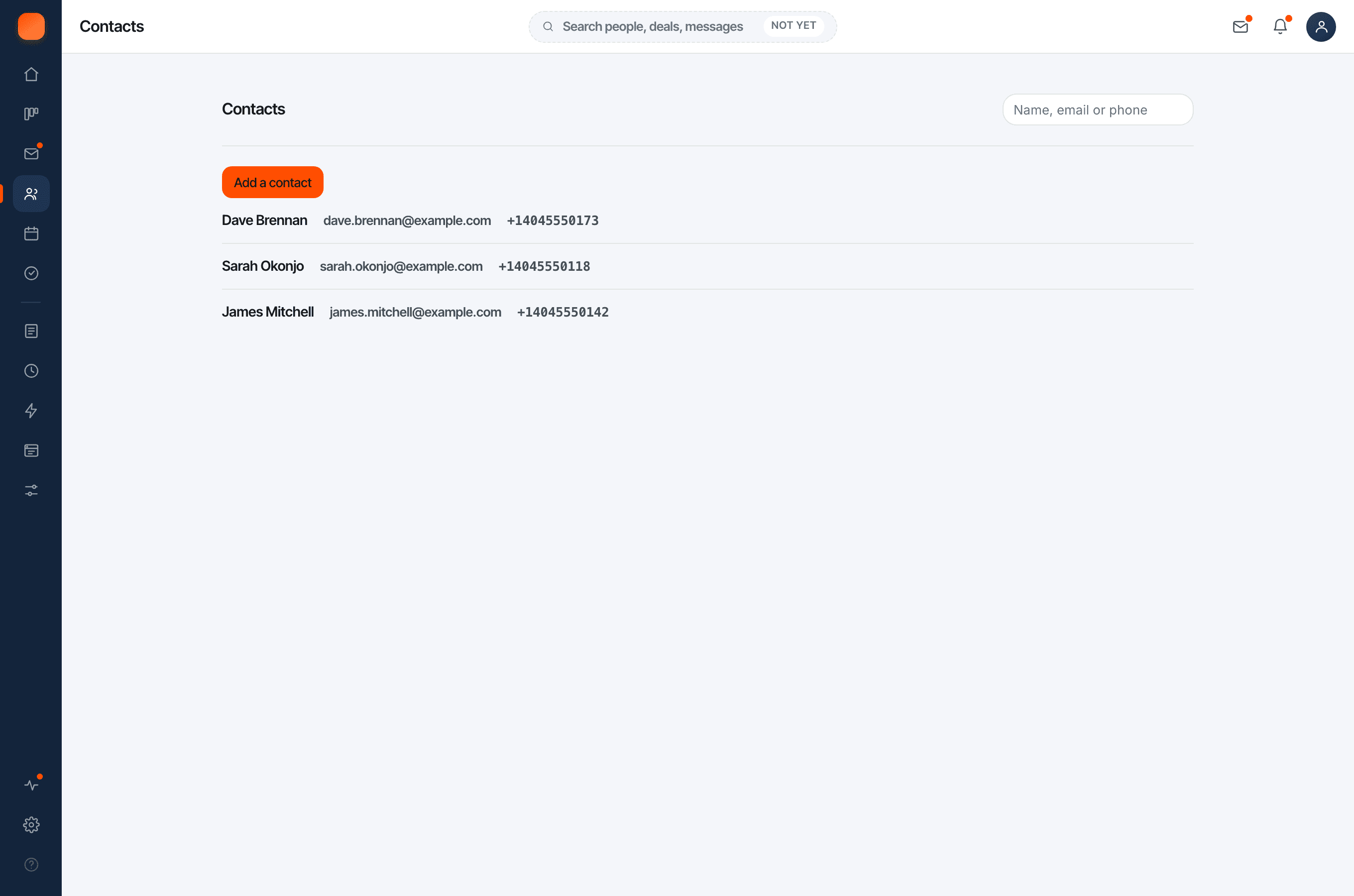 The Contacts screen in Nossa, listing three people with the email address and phone number recorded for each.