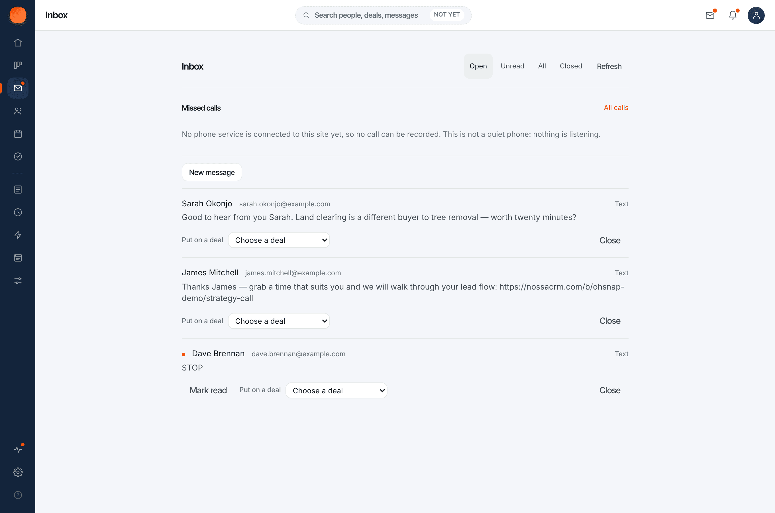 The Inbox in Nossa: one conversation per person, above a line saying no phone service is connected yet, so no call can be recorded.
